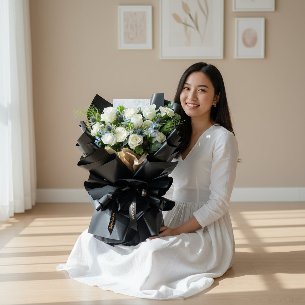Frosted Elegance Light Blue Rose Hand Bouquet image 1