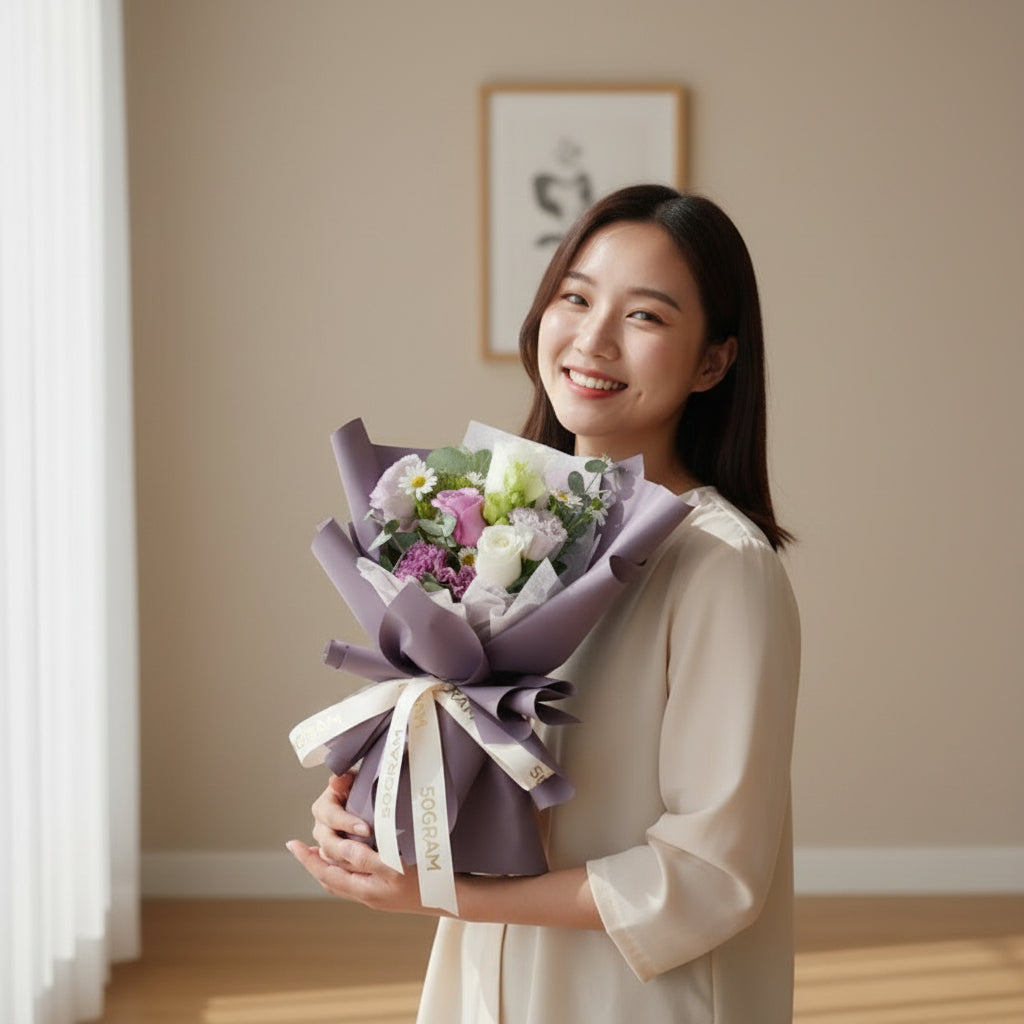 Lilac Mist Purple White Rose Hand Bouquet image 3