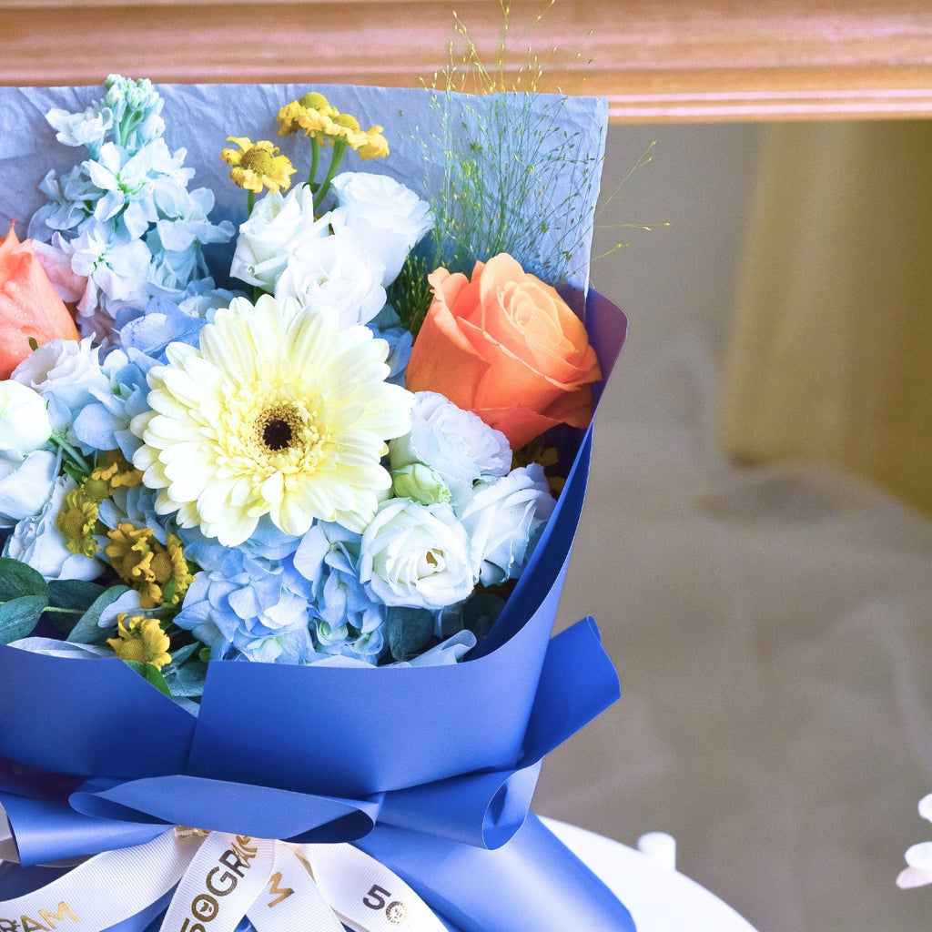 Blue Ember Orange Roses Hand Bouquet image 16