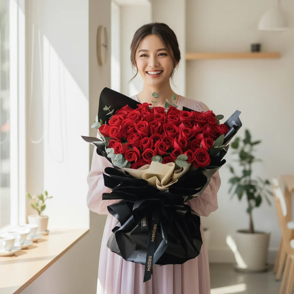 Smiling woman holding a large bouquet of red roses with black and beige wrapping indoors
