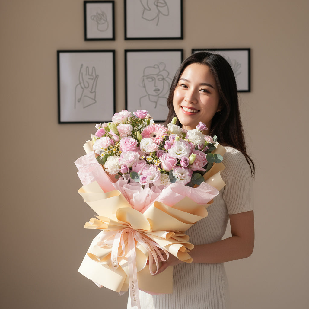 Velvet Nude Pink Roses Hand Bouquet image 1