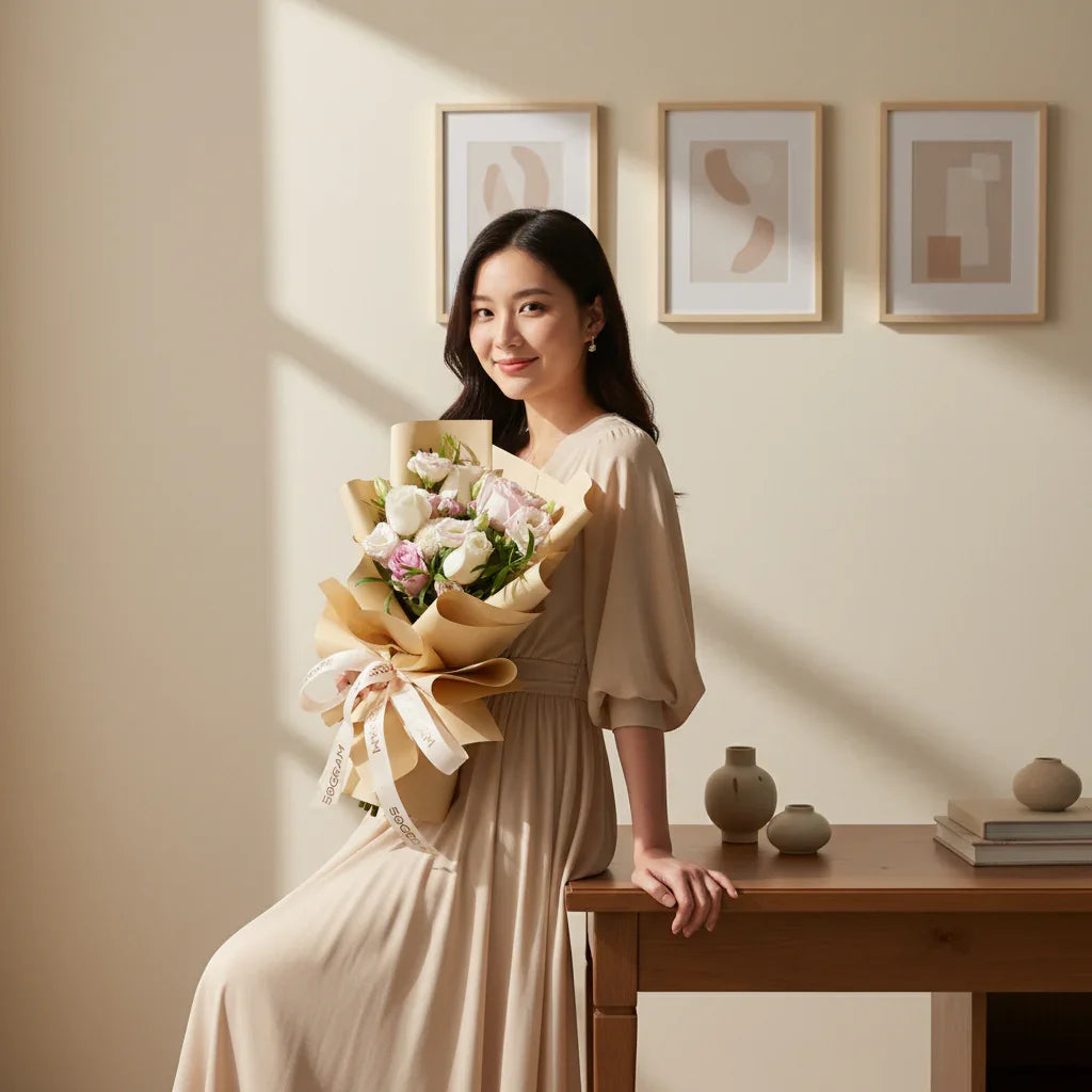 Woman in beige dress holding pastel rose bouquet, standing in minimalist room with framed art