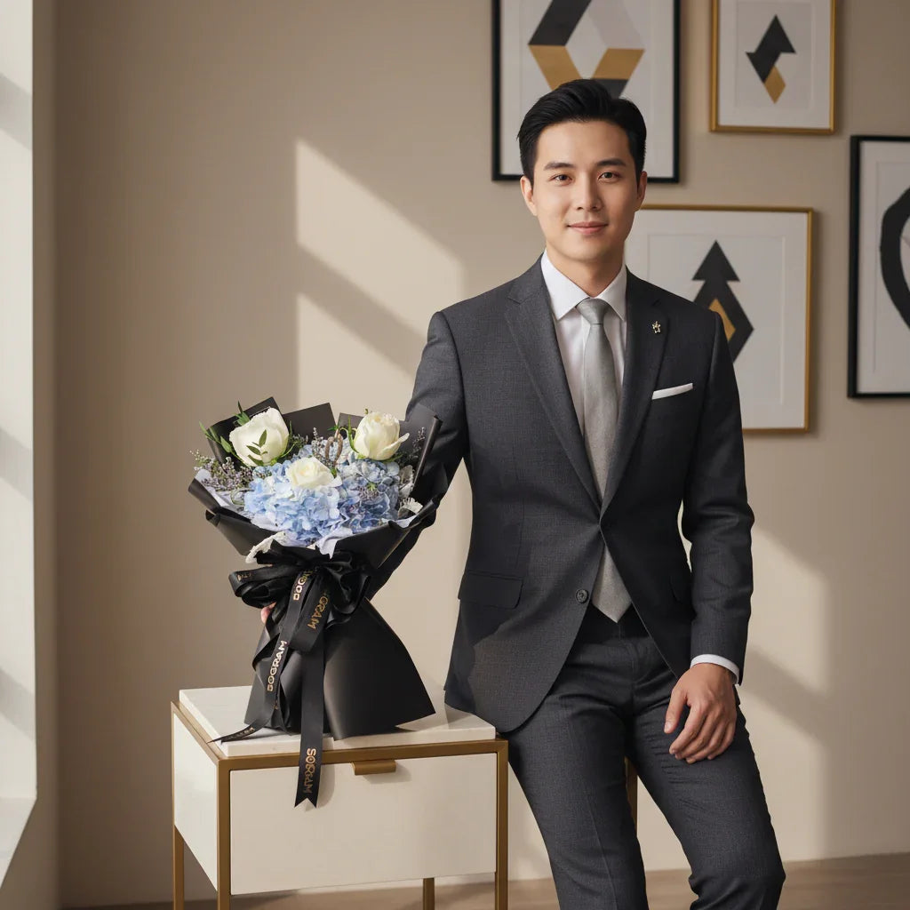 Man in suit with white and blue flower bouquet, modern home interior, elegant gift arrangement