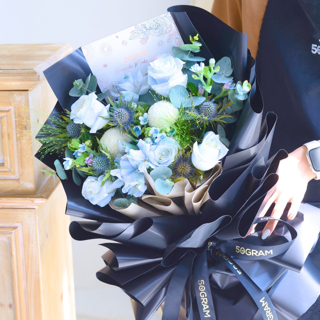 Frosted Elegance Light Blue Rose Hand Bouquet image 8