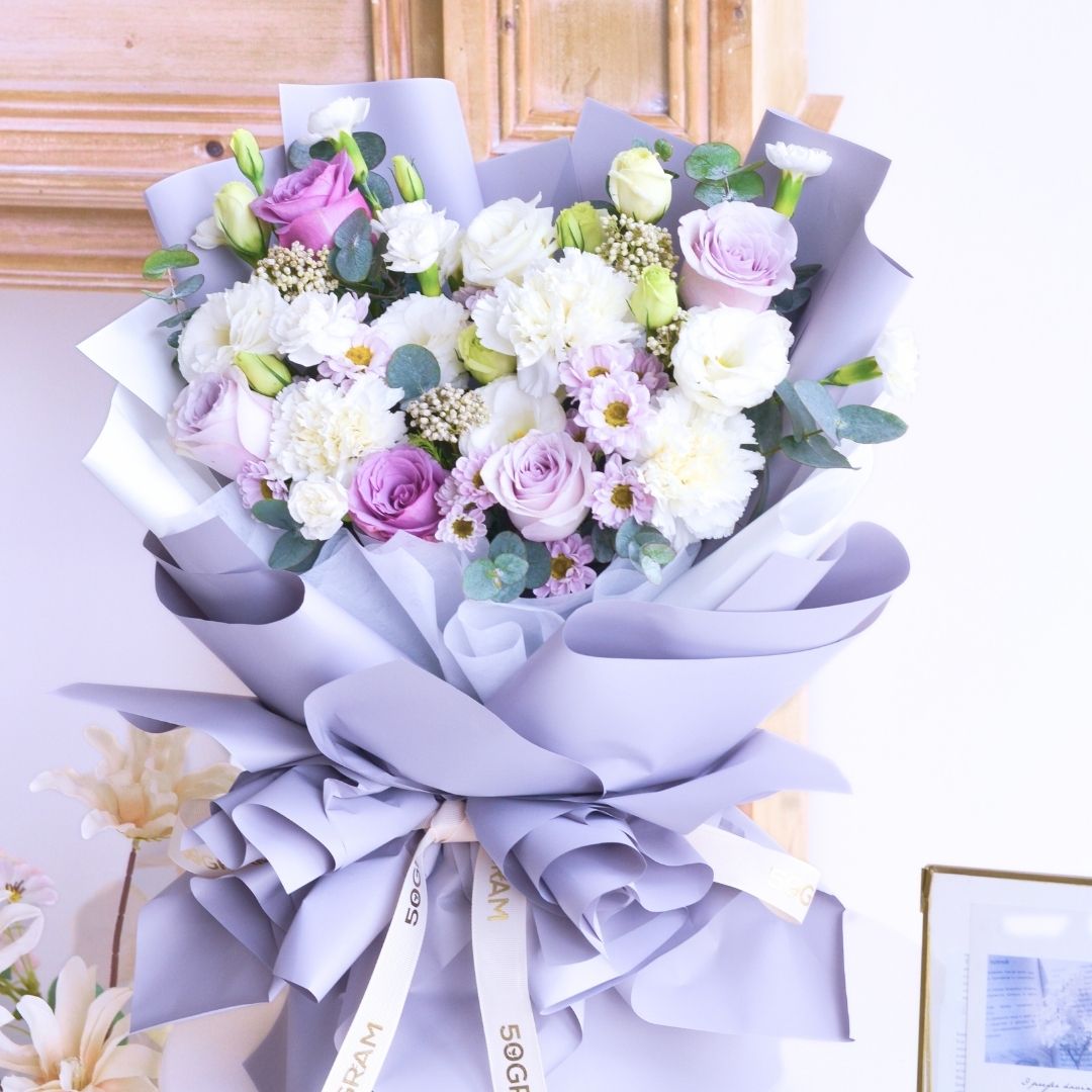 Misty Blooms Purple Roses Hand Bouquet image 9