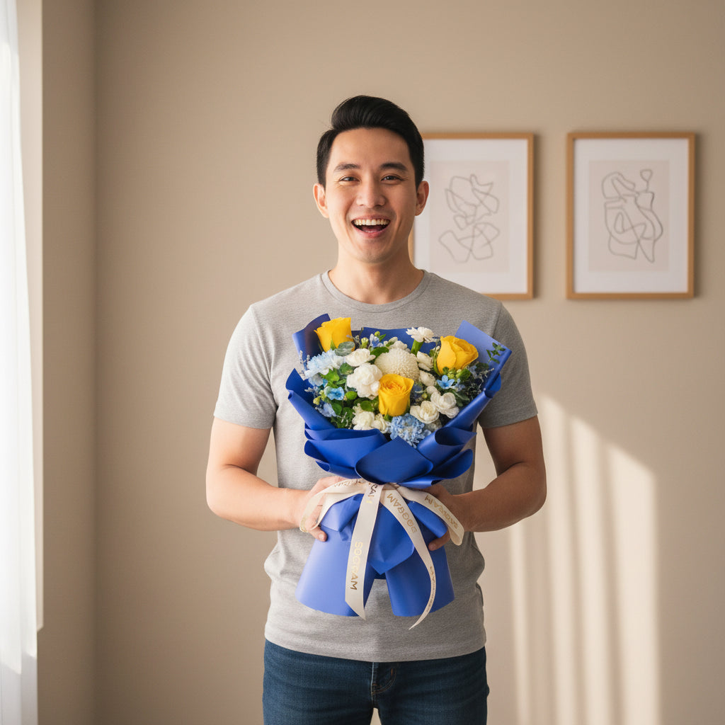 Blue Mirage Yellow Roses Hand Bouquet image 4