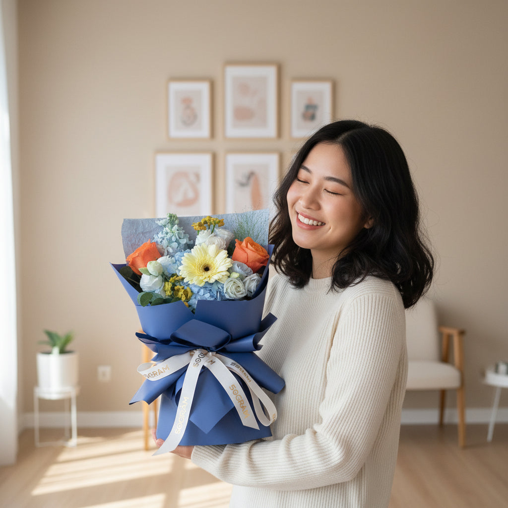 Blue Ember Orange Roses Hand Bouquet image 3