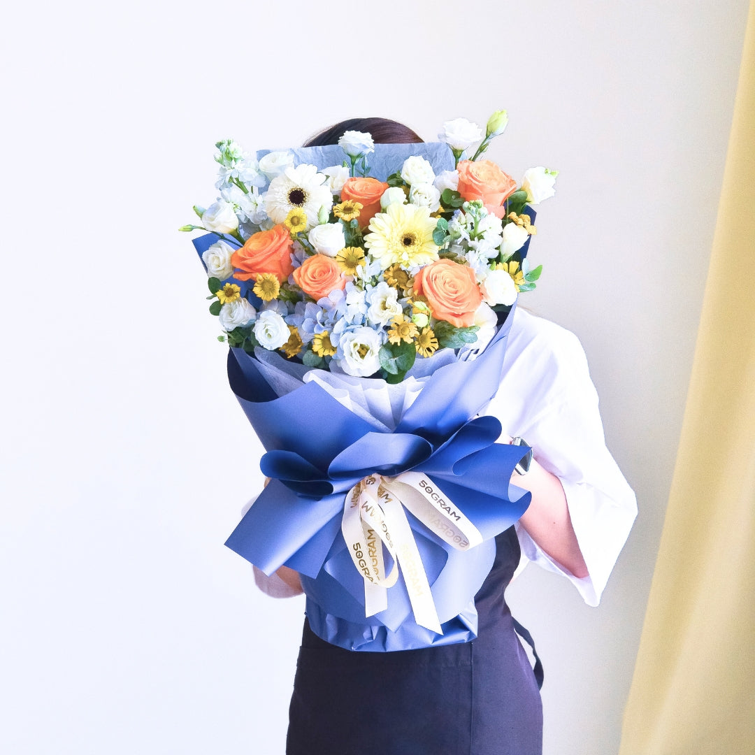 Blue Ember Orange Roses Hand Bouquet image 9