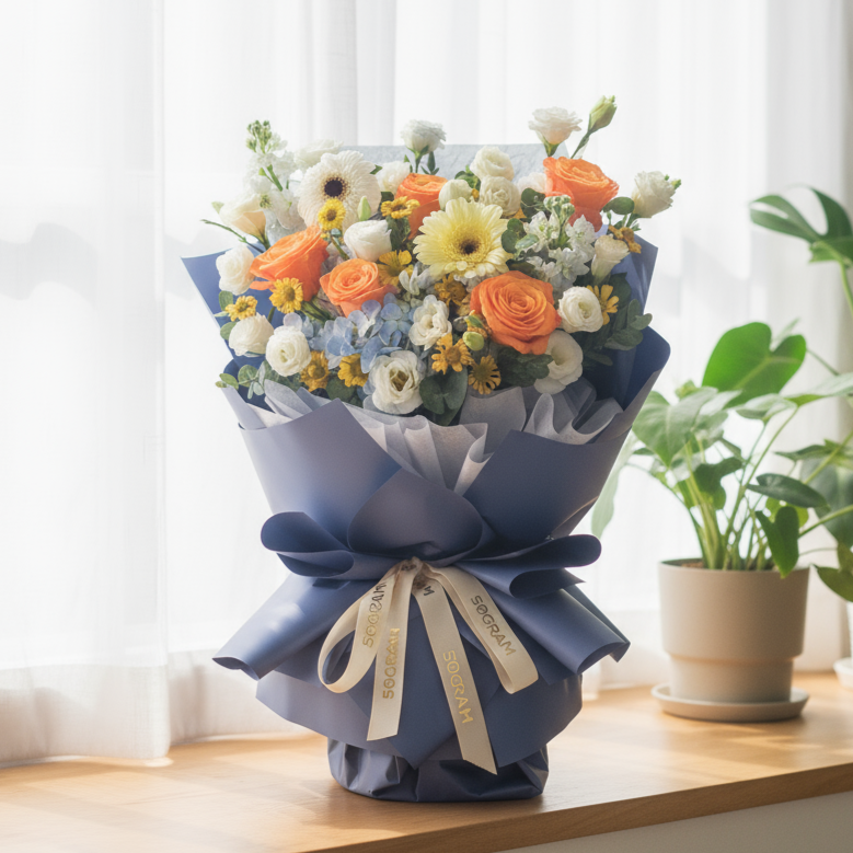 Blue Ember Orange Roses Hand Bouquet