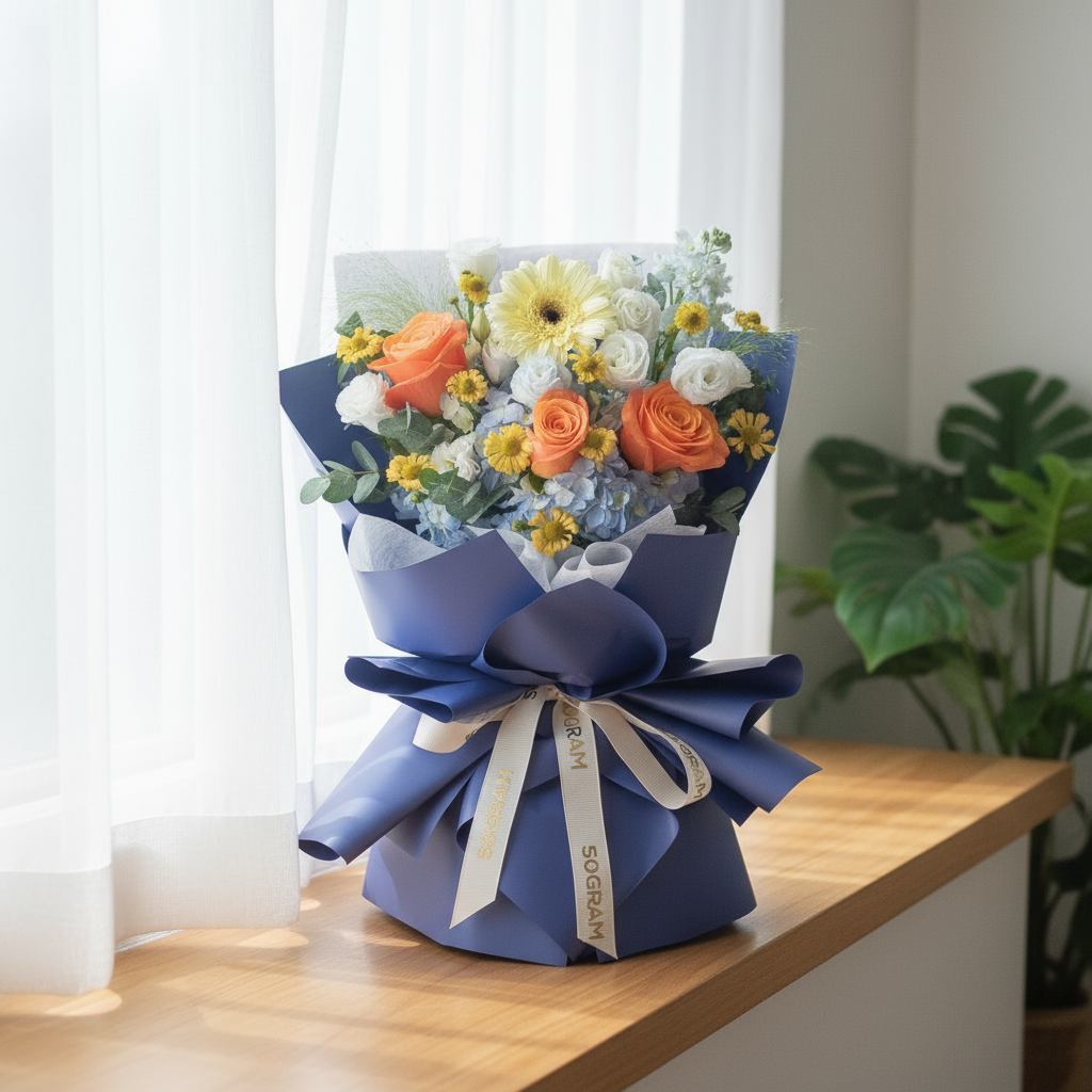 Blue Ember Orange Roses Hand Bouquet