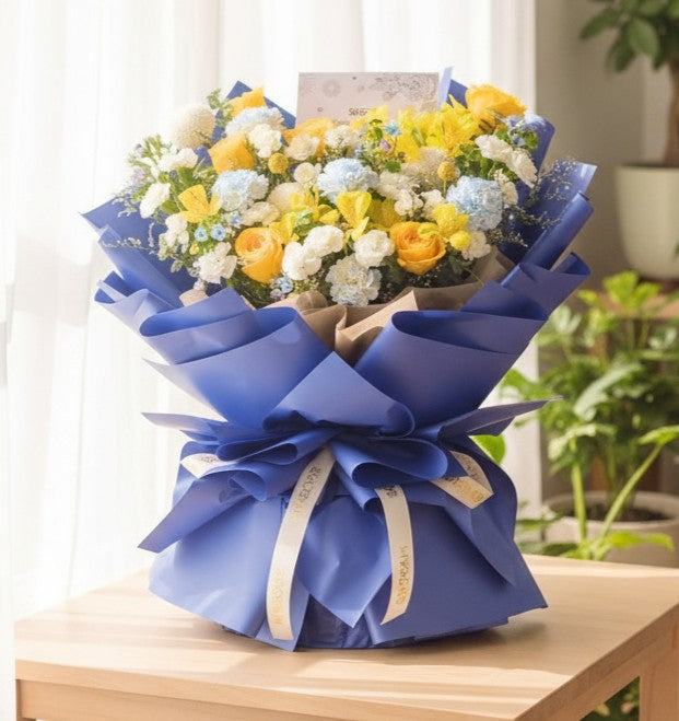Blue Mirage Yellow Roses Hand Bouquet