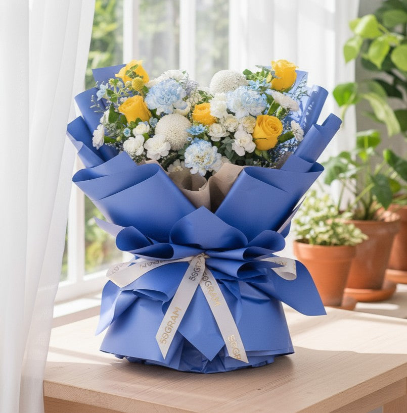Blue Mirage Yellow Roses Hand Bouquet
