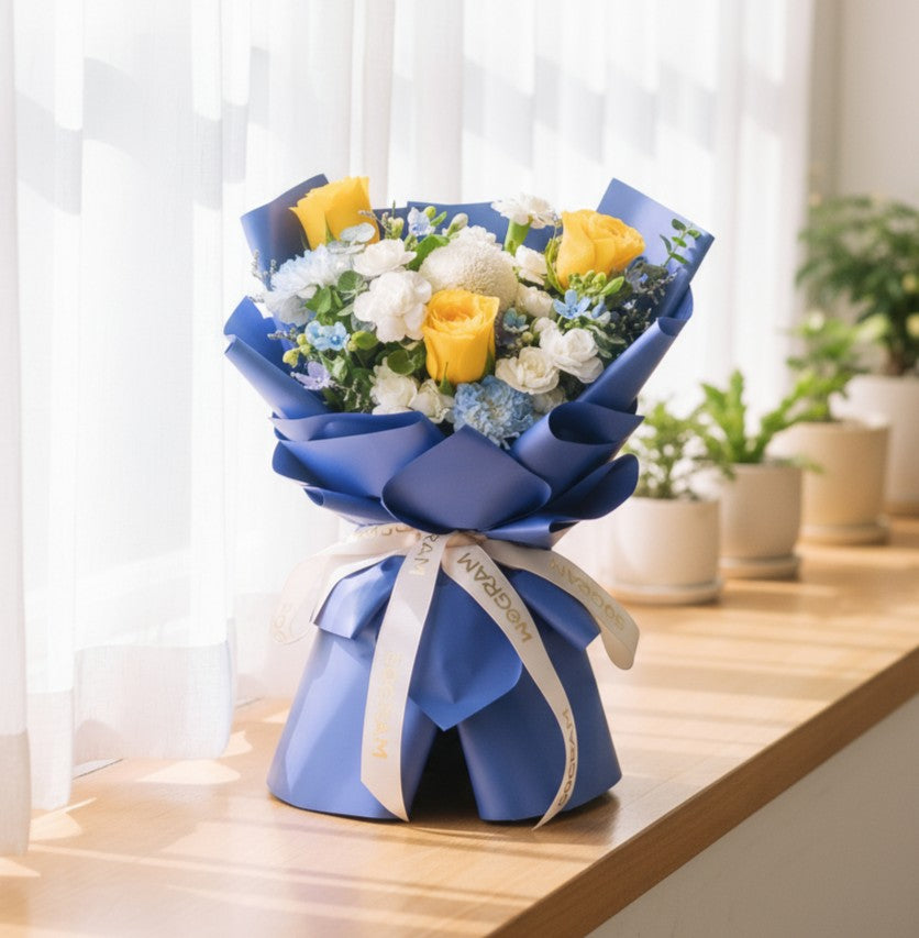 Blue Mirage Yellow Roses Hand Bouquet