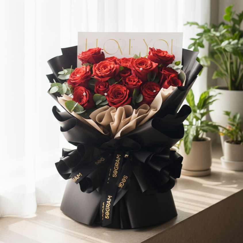 Ebony Love Red Roses Hand Bouquet