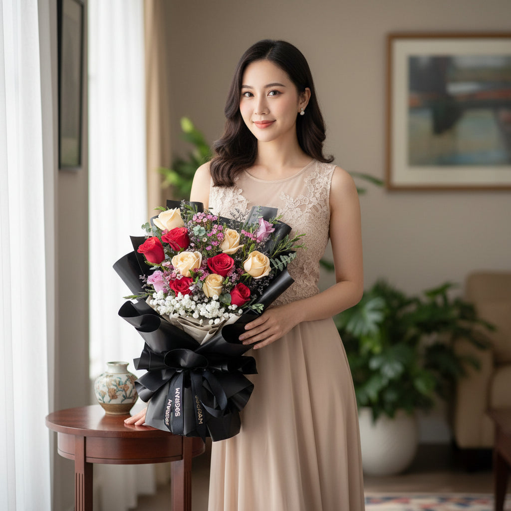 Evermore Red and Champagne Roses Hand Bouquet - 3