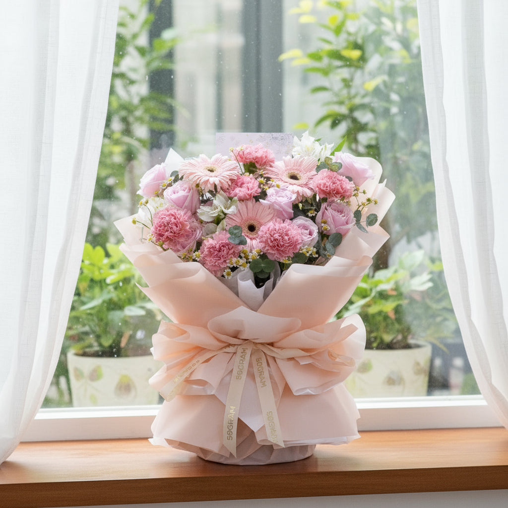 Forever Thankful Pink Daisy Hand Bouquet
