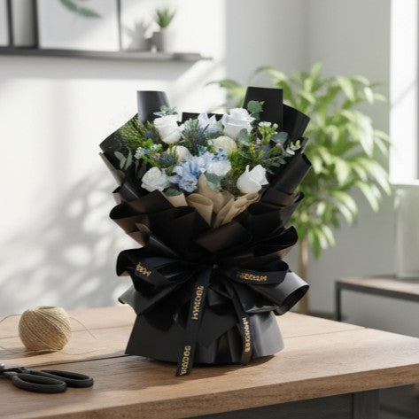 Frosted Elegance Light Blue Rose Hand Bouquet
