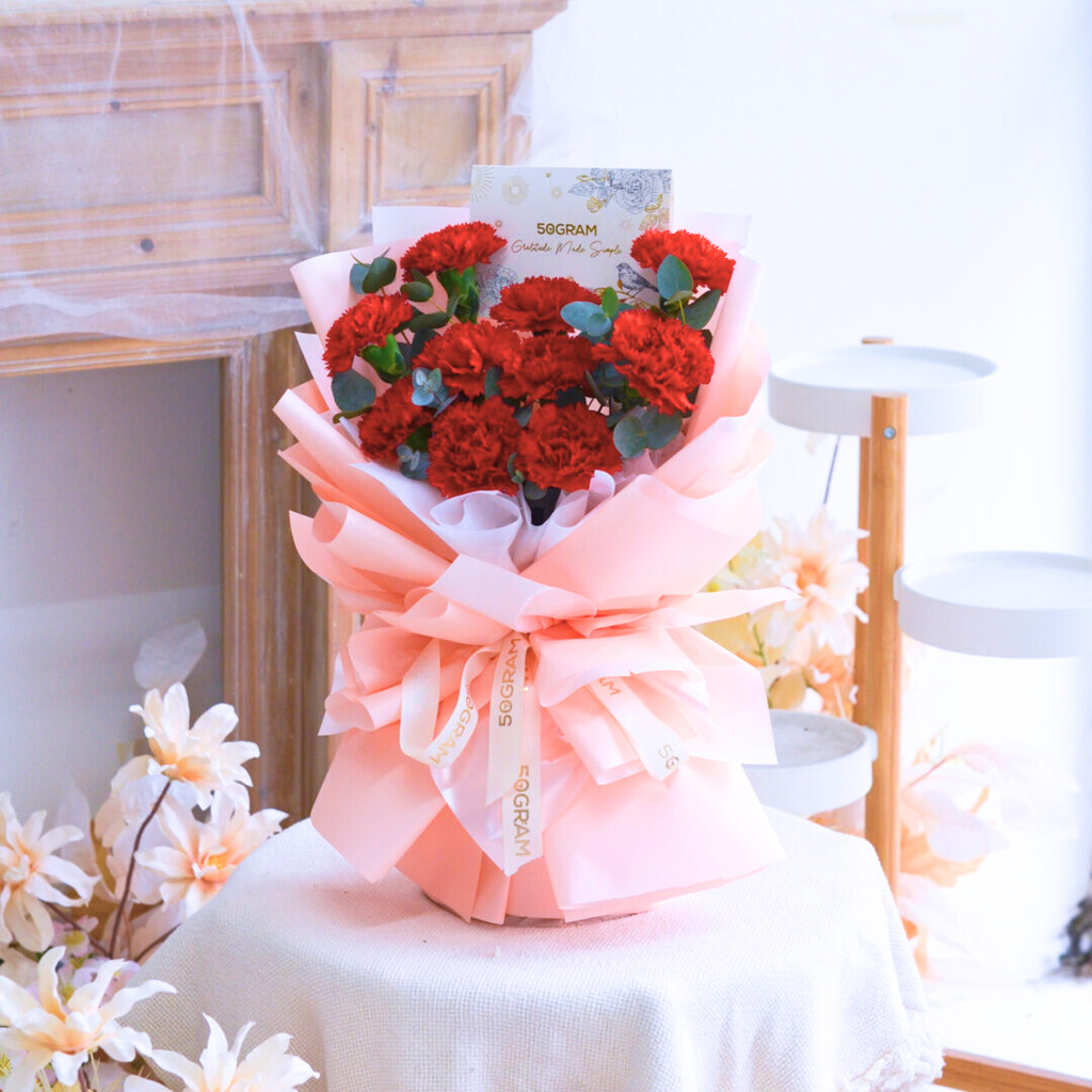 Elegant Beauty Red Carnation Hand Bouquet , Free Delivery KL & PJ