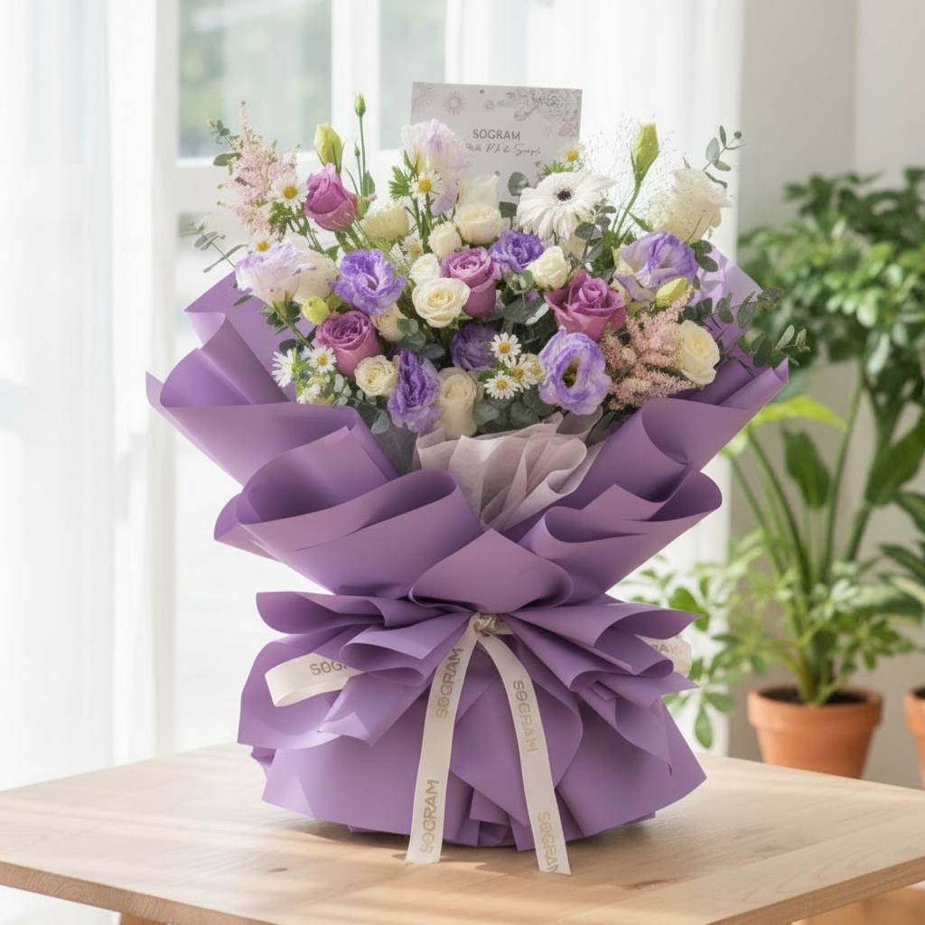 Lilac Mist Purple White Rose Hand Bouquet - 8