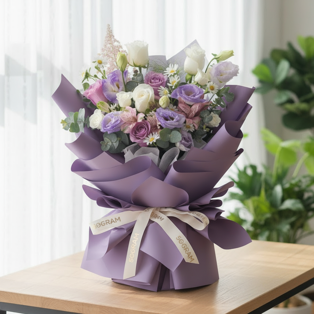 Lilac Mist Purple White Rose Hand Bouquet - 7