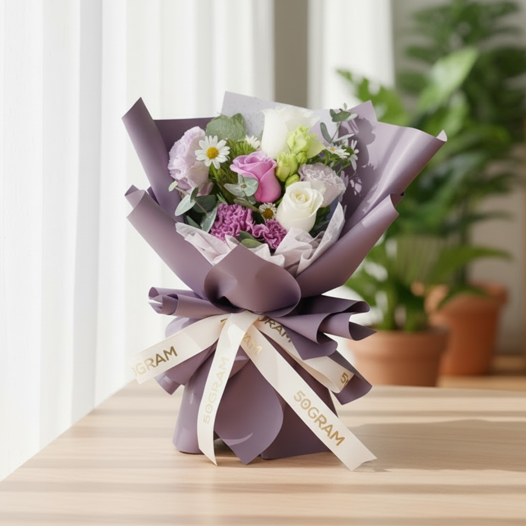 Lilac Mist Purple White Rose Hand Bouquet - 6