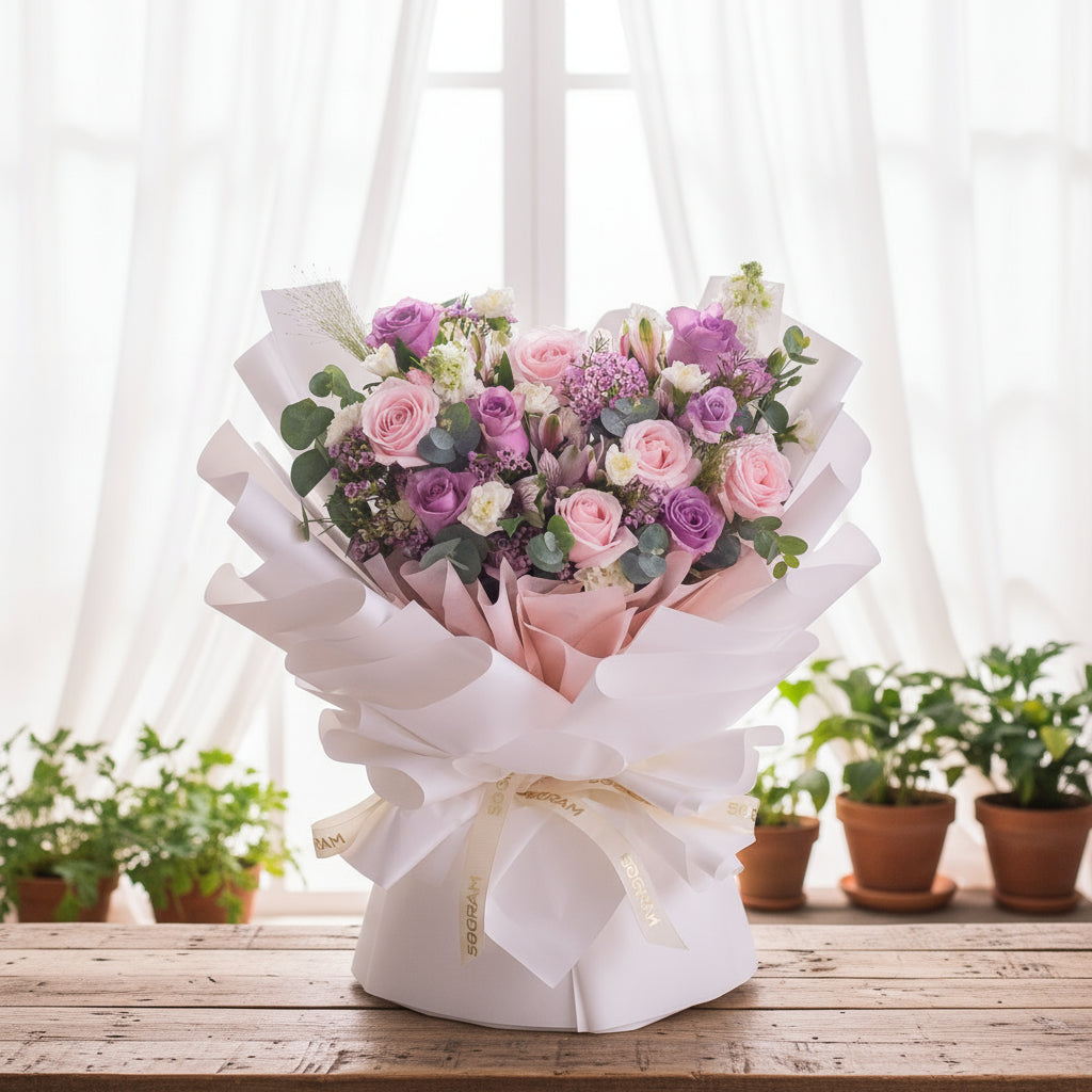 Lovely Blush Pink Purple Roses Hand Bouquet