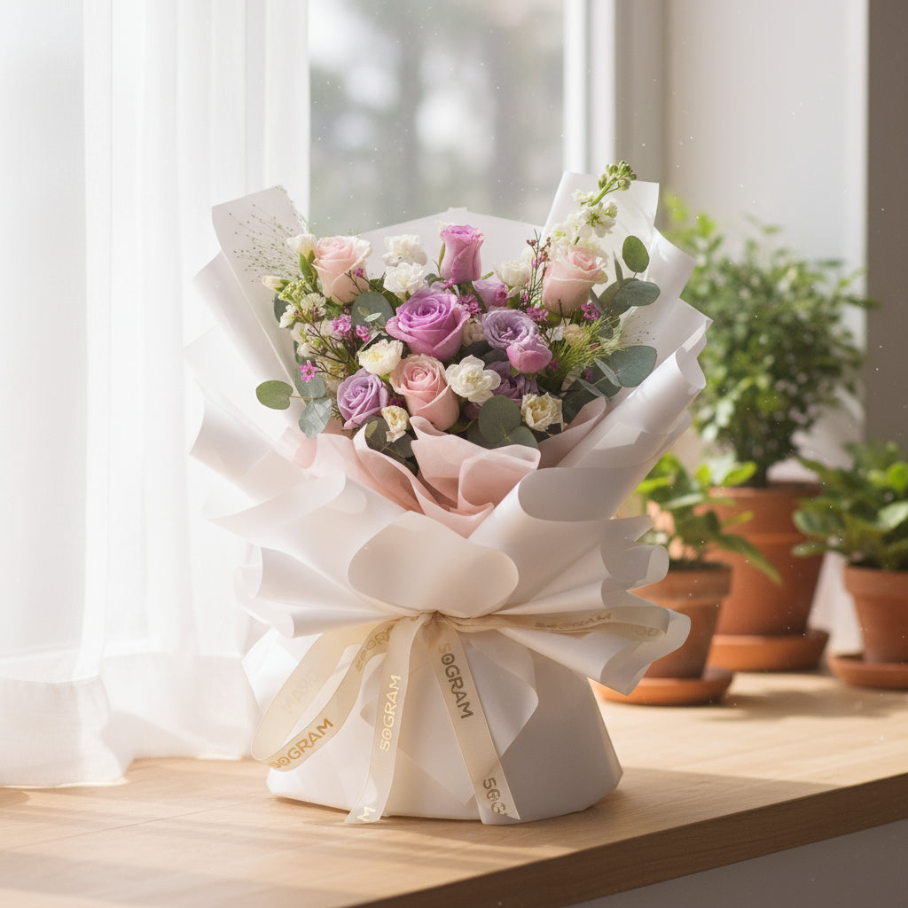 Lovely Blush Pink Purple Roses Hand Bouquet