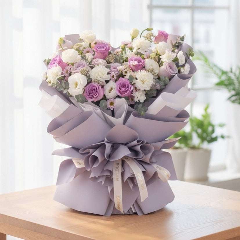 Misty Blooms Purple Roses Hand Bouquet
