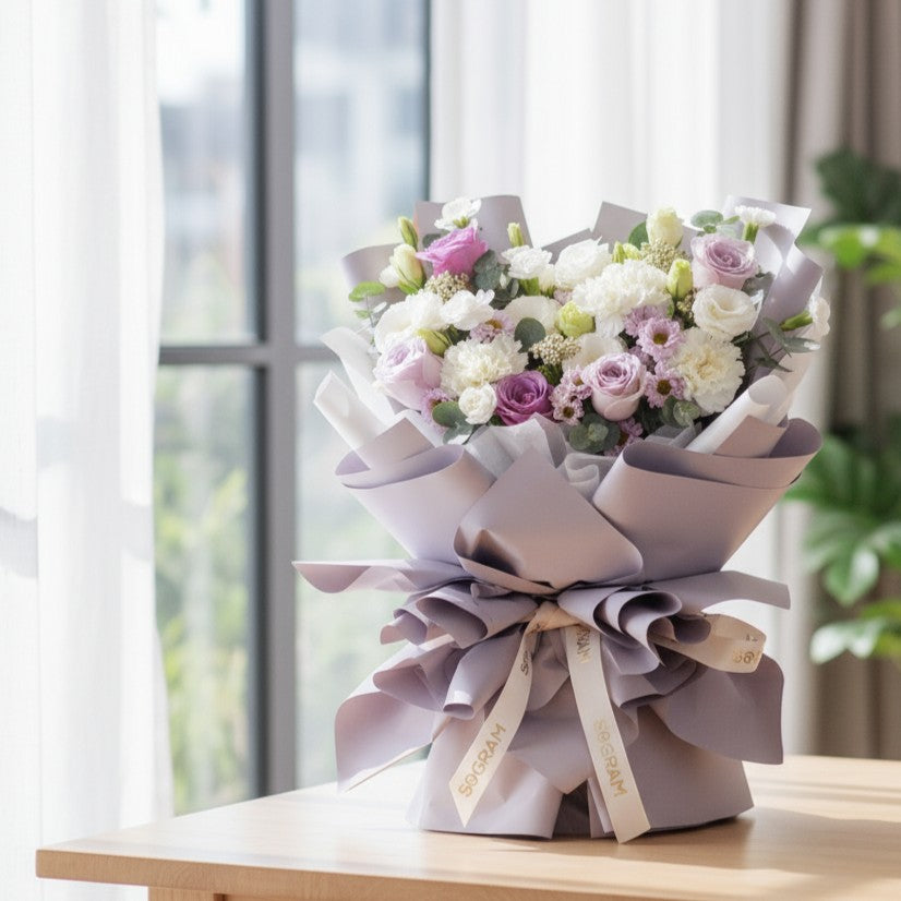 Misty Blooms Purple Roses Hand Bouquet