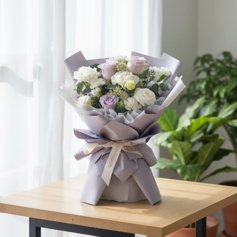 Misty Blooms Purple Roses Hand Bouquet