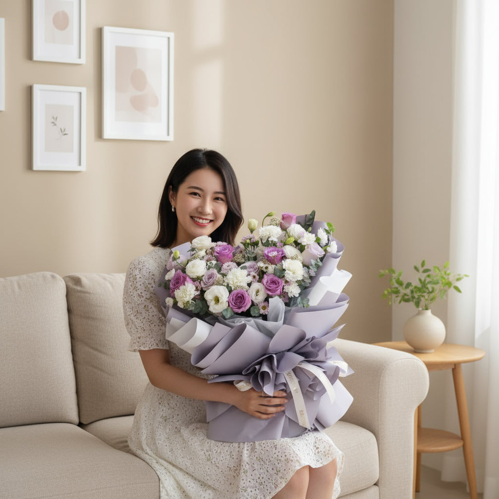 Misty Blooms Purple Roses Hand Bouquet image 1