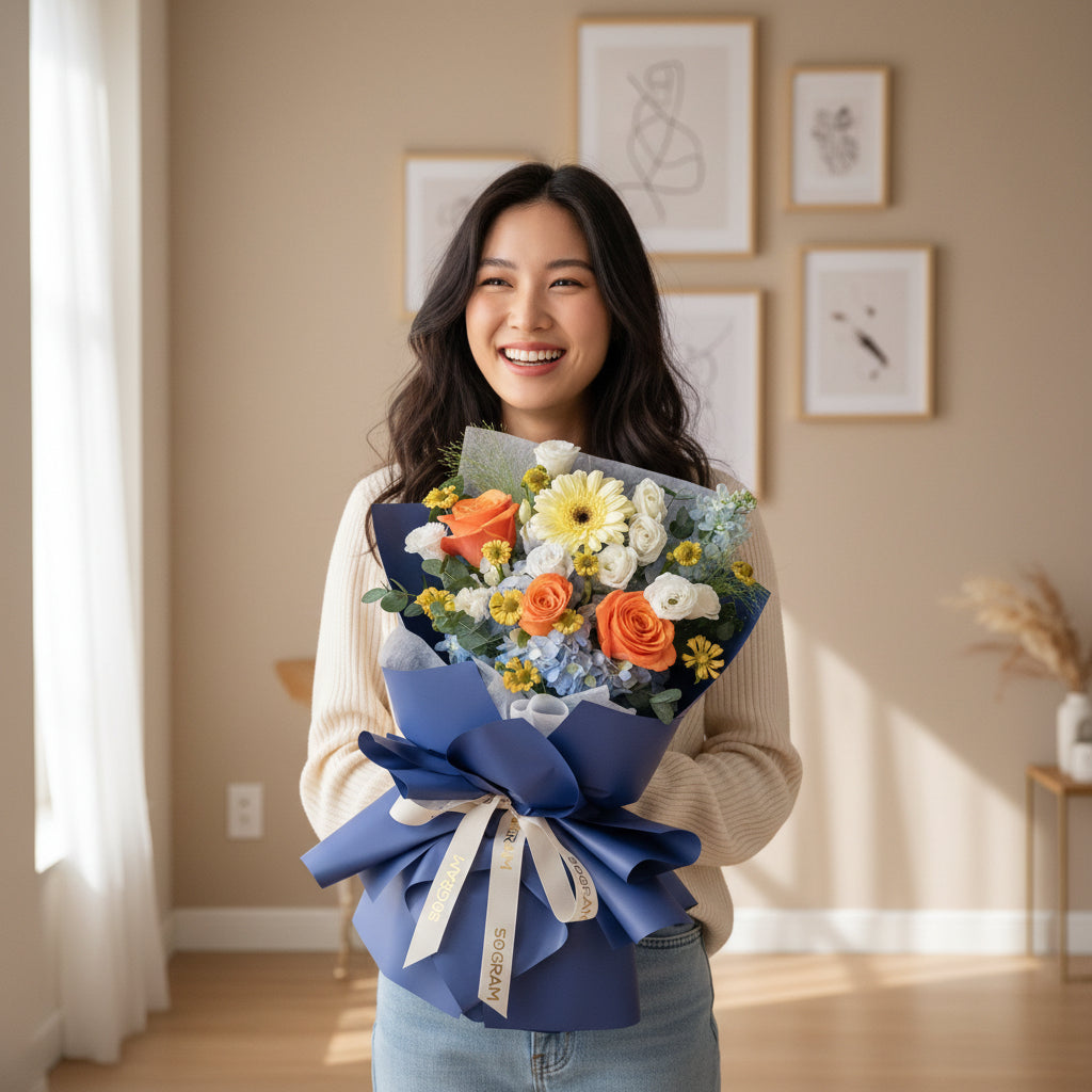 Blue Ember Orange Roses Hand Bouquet image 2
