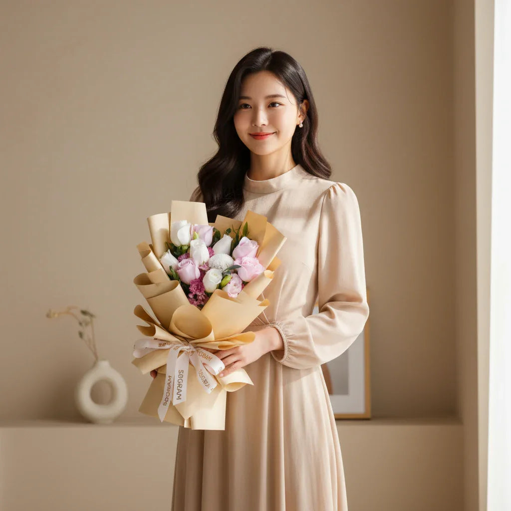 Woman holding elegant bouquet of pink and white roses wrapped in brown paper indoors