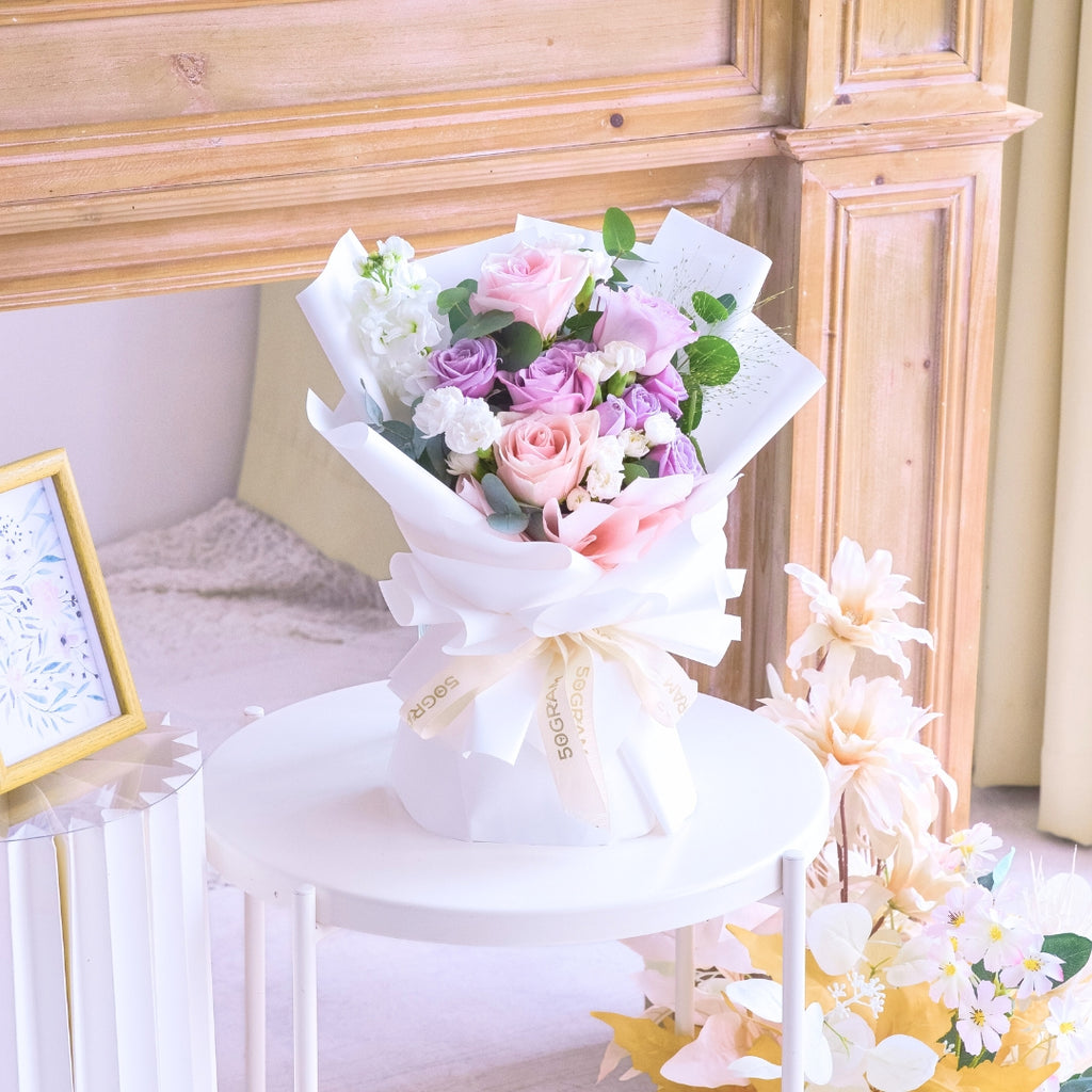 Lovely Blush Pink Purple Roses Hand Bouquet image 6