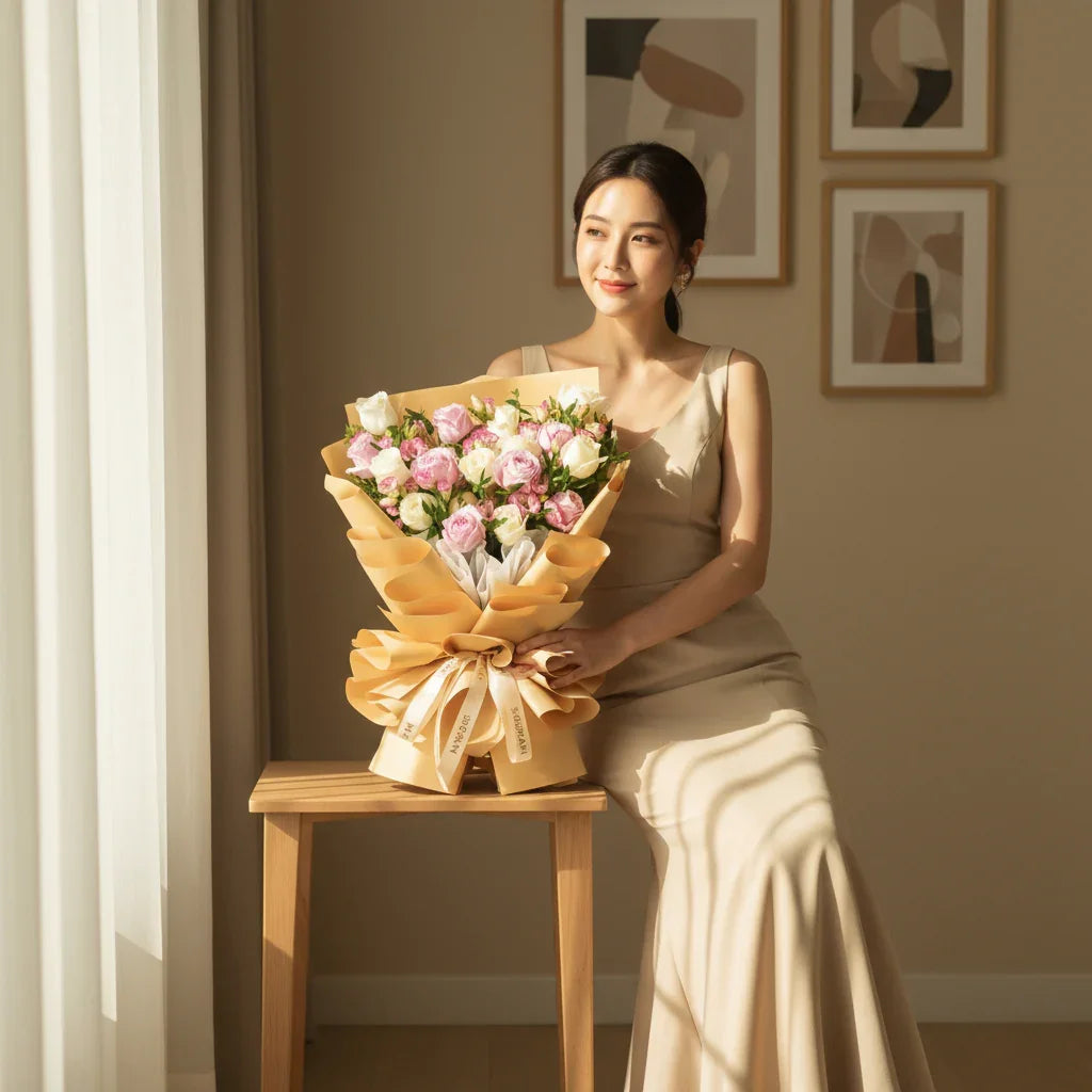 Woman in beige dress holding large bouquet of pink and white roses in sunlit room