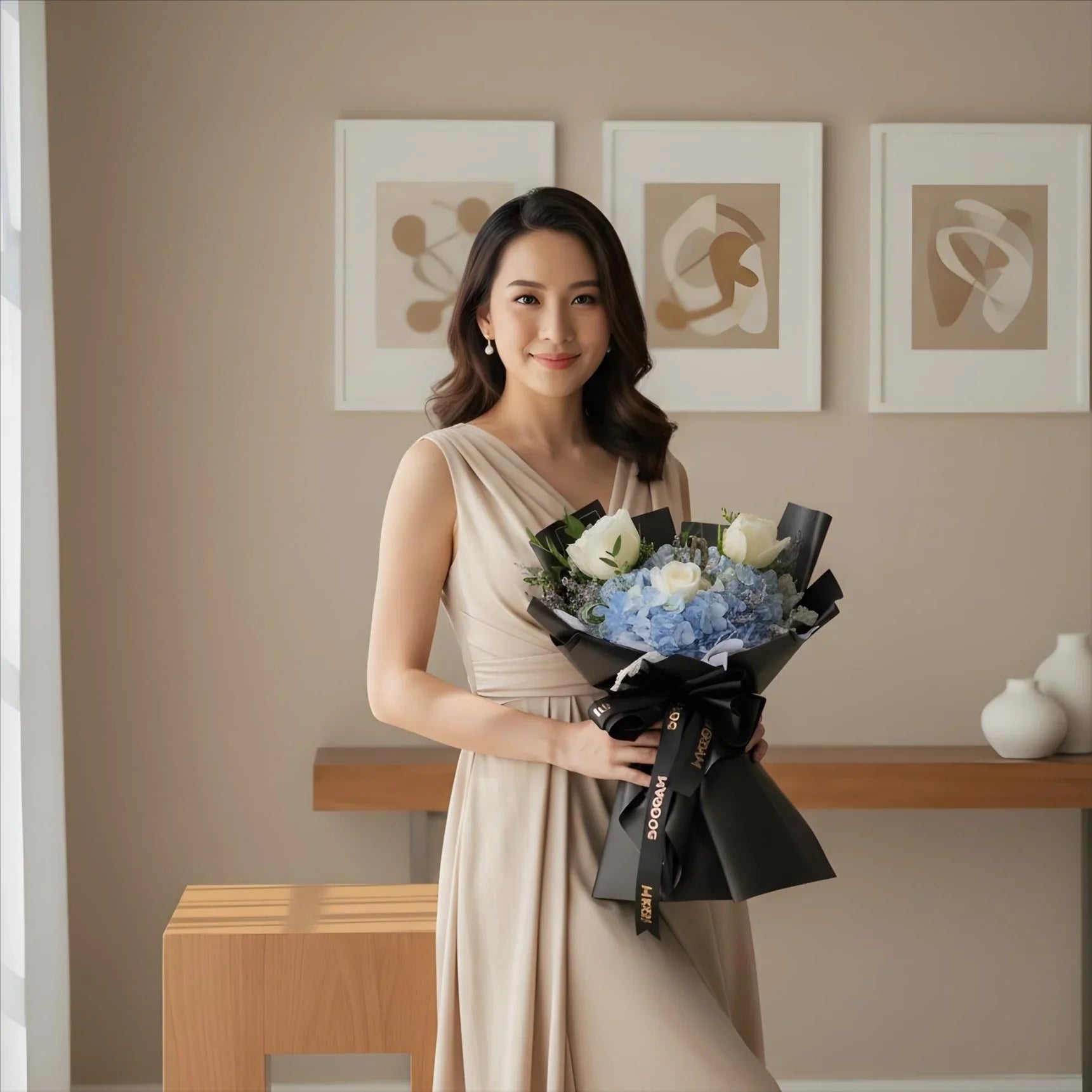 Woman in beige dress holding elegant bouquet with blue hydrangeas and white roses indoors