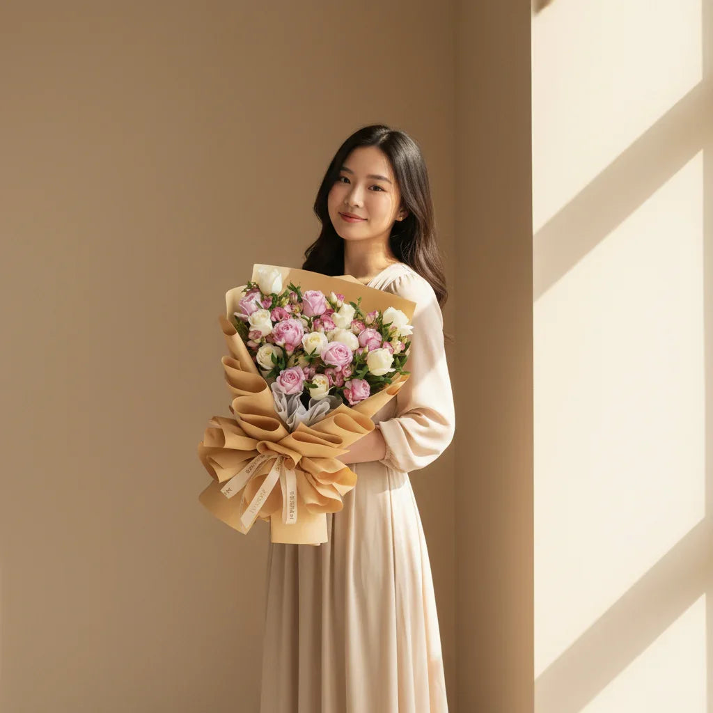 Woman holding large bouquet of pink and white roses in elegant wrapping