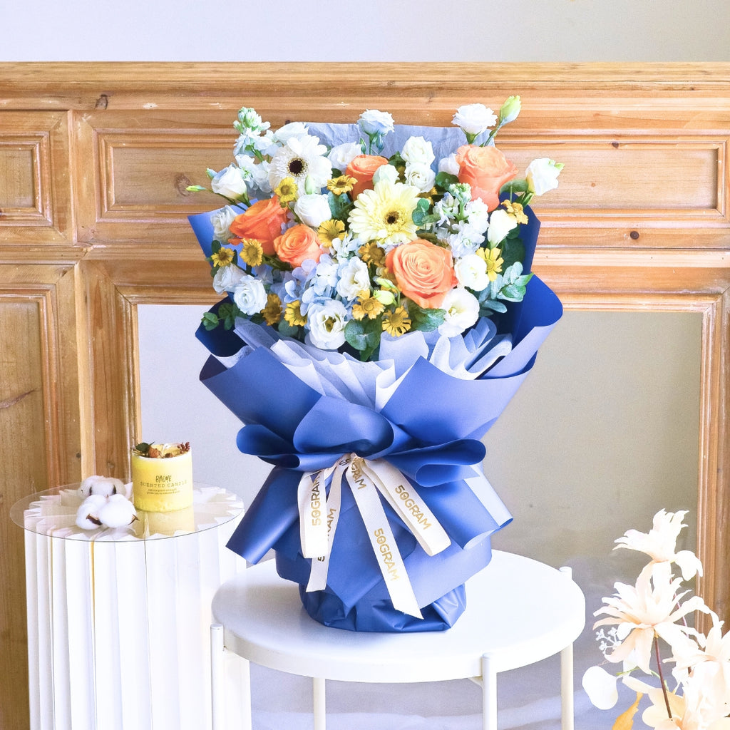 Blue Ember Orange Roses Hand Bouquet image 6