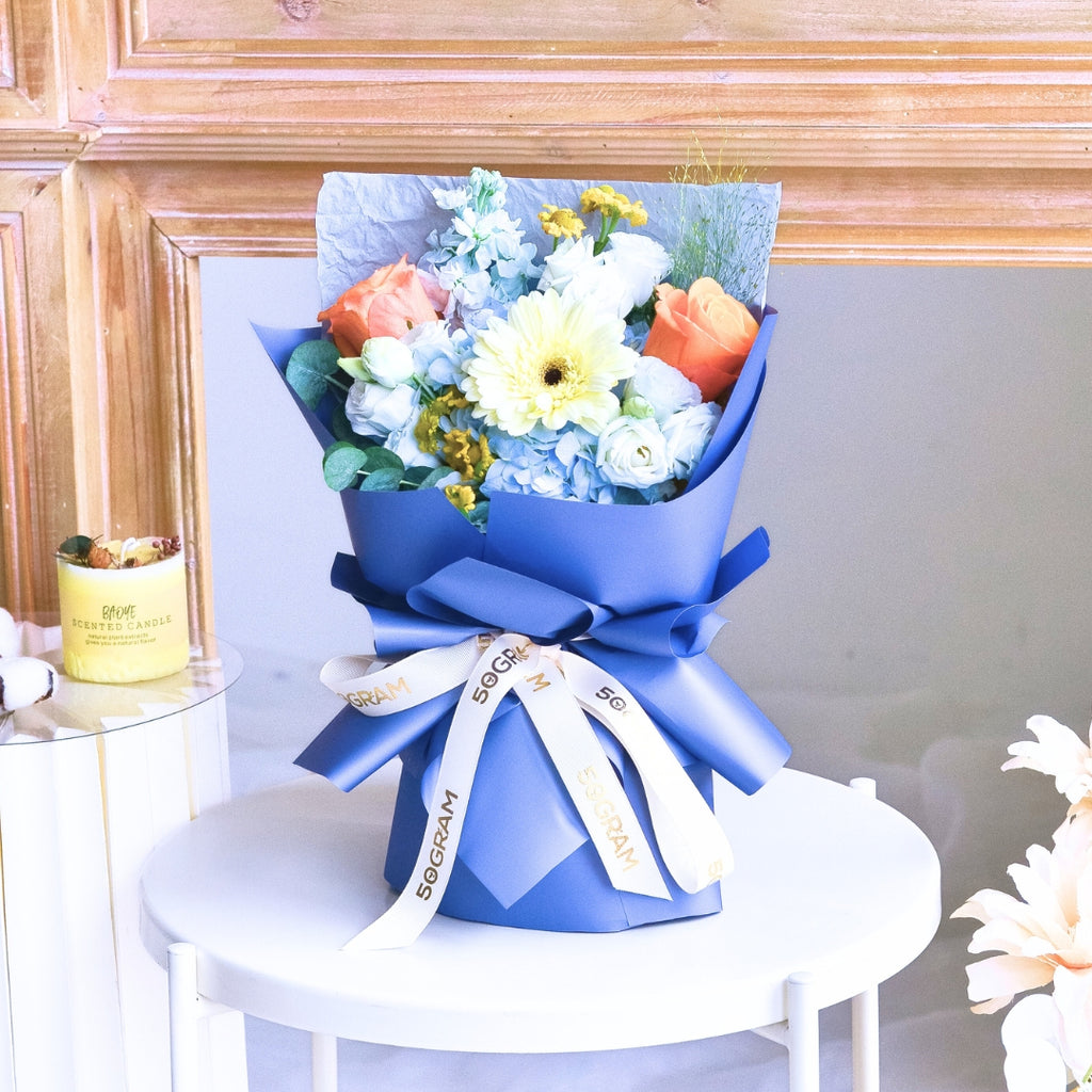 Blue Ember Orange Roses Hand Bouquet image 15