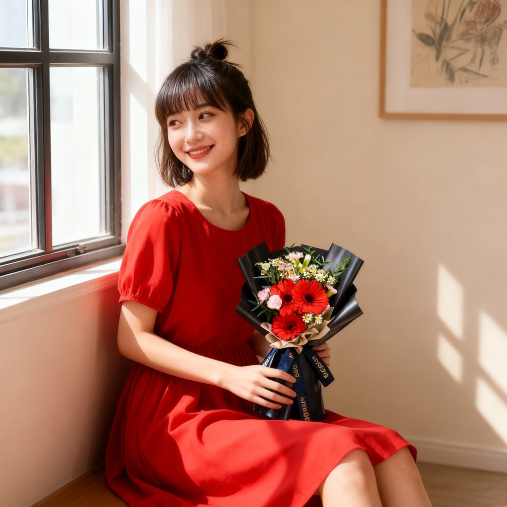 Red Wink Red Daisy Hand Bouquet image 1