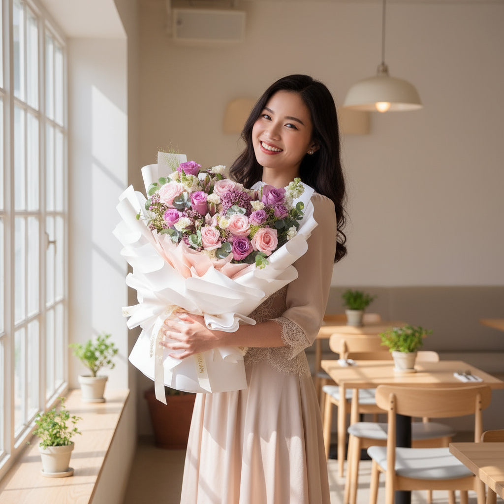 Lovely Blush Pink Purple Roses Hand Bouquet image 1